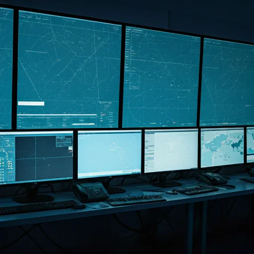 Air traffic control center with flight maps and drone trajectories