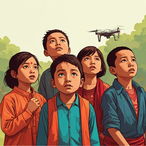 Nepali children looking up at a drone with curiosity