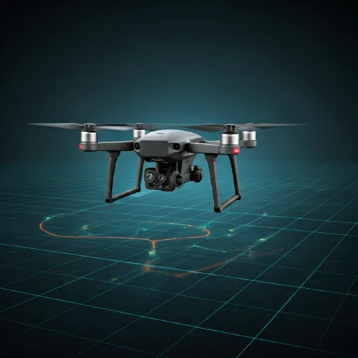Drone hovering above a digital grid map of controlled airspace