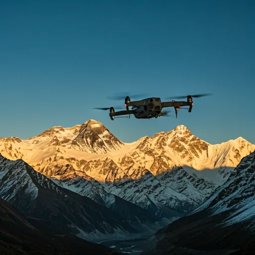Professional drone flying over snow-capped Himalayan peaks at sunrise