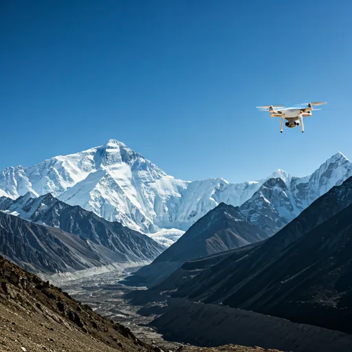Snow-capped Himalayan peaks with a drone hovering in the foreground