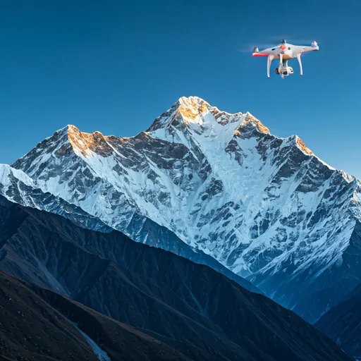 Snow-capped Nepalese Himalayas at dawn with a professional drone in the foreground
