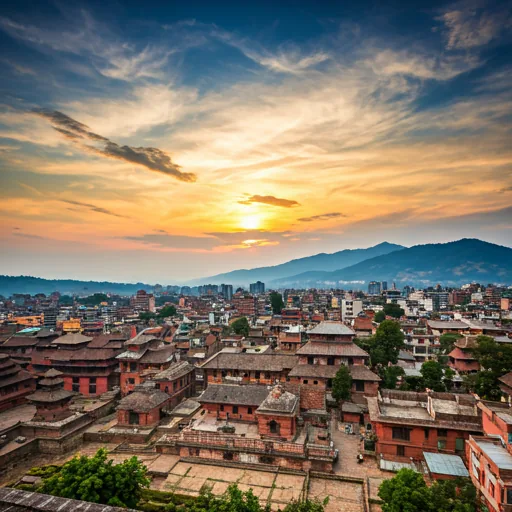 Aerial view of Kathmandu Valley blending traditional architecture with modern development at sunset